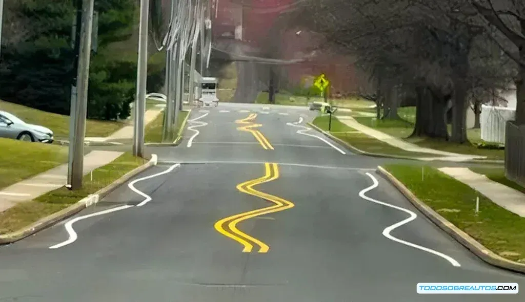 Imagen de un camino con líneas en zigzag pintadas en el asfalto, simulando carriles de borracho.