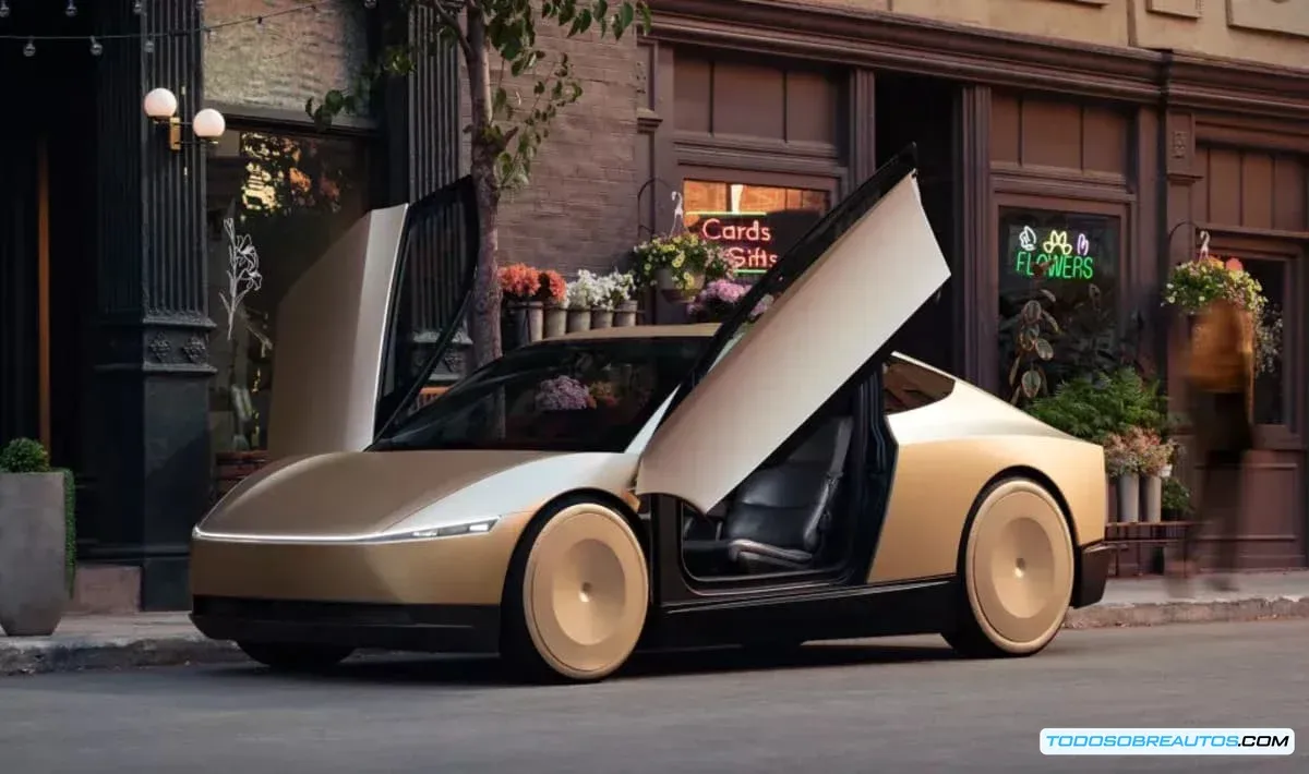 Imagen renderizada o conceptual del Tesla Cybercab, mostrando su diseño futurista.