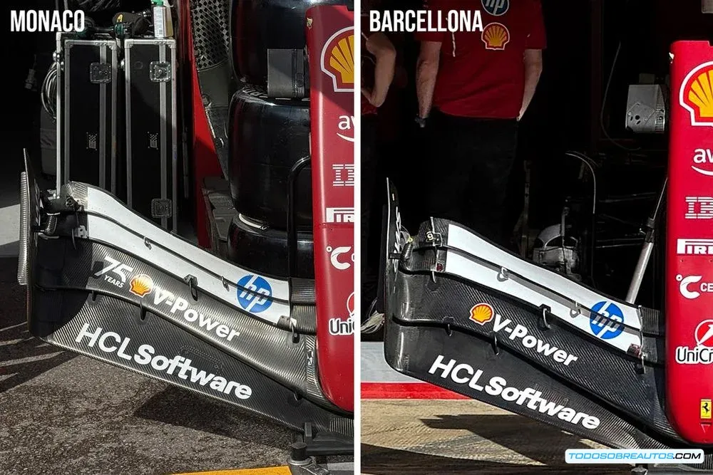 Comparación entre el alerón anterior y el nuevo alerón delantero de Ferrari, mostrando las diferencias de diseño.