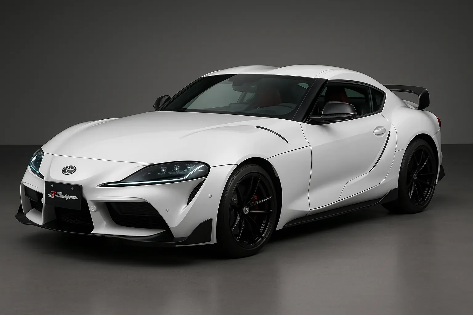 Toyota GR Supra 2025 blanco visto de frente en estudio, mostrando su diseño aerodinámico y rines deportivos