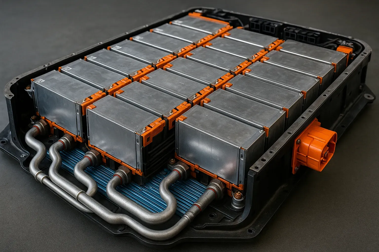 Pack de batería Li-ion con celdas prismáticas, tubos de refrigeración líquida y conectores de alta tensión.