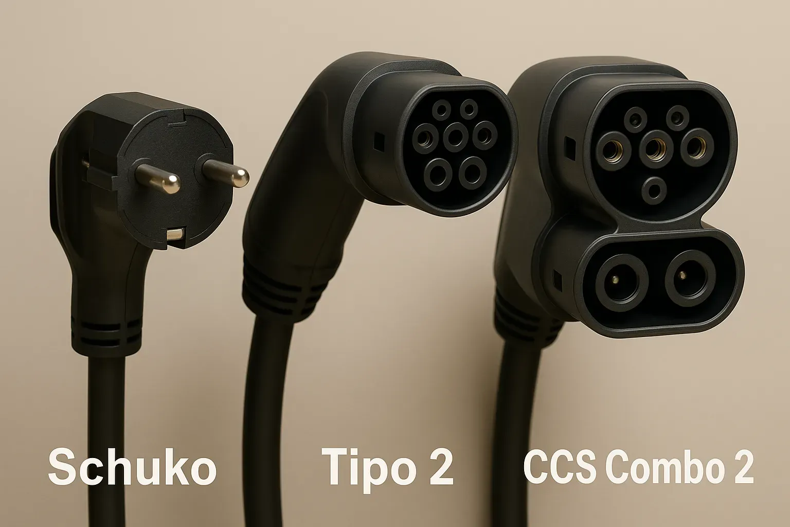 Fotografía de los conectores Schuko, Tipo 2 y CCS Combo 2 alineados sobre fondo neutro