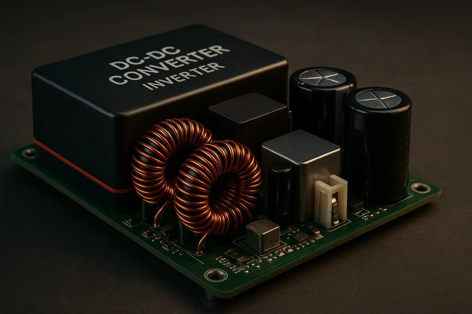Placa con convertidor DC-DC y disipadores de SiC, inductores de cobre y capacitores en entorno minimalista