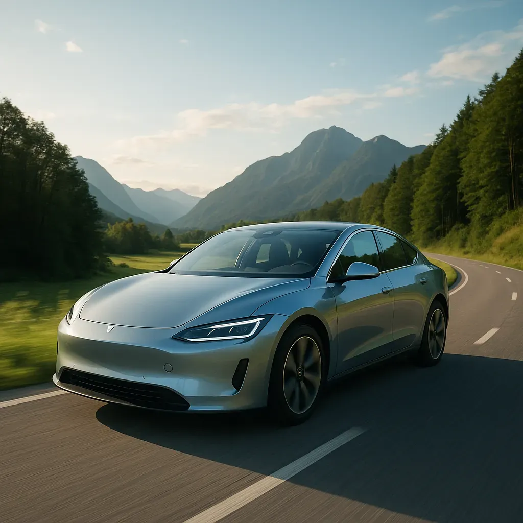 Sedán eléctrico plateado conduciendo por una carretera escénica entre montañas y bosque bajo luz natural