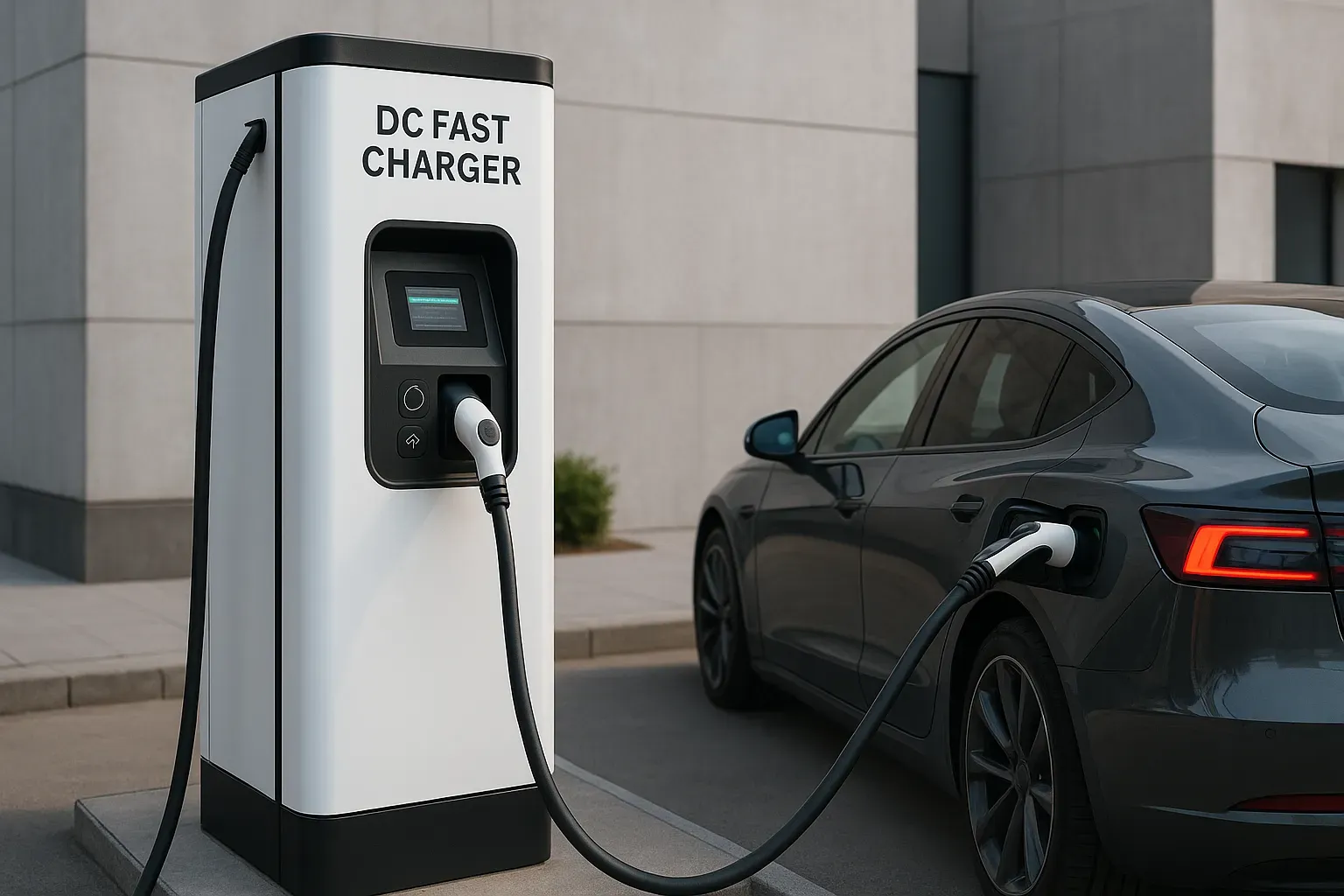 Estación DC rápida con conector CCS2 cargando un vehículo eléctrico en entorno urbano minimalista.
