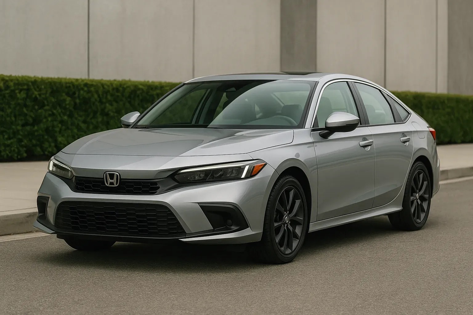 Honda Civic 2025 plateado en vista frontal tres cuartos