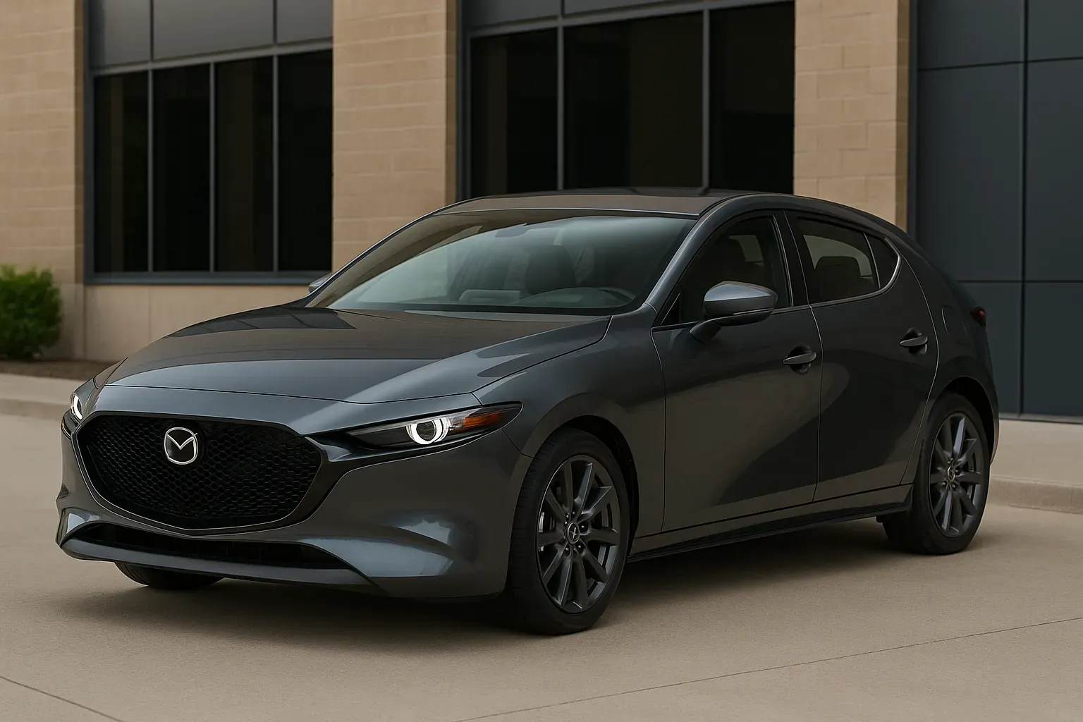 Mazda3 2025 gris oscuro hatchback, vista frontal tres cuartos