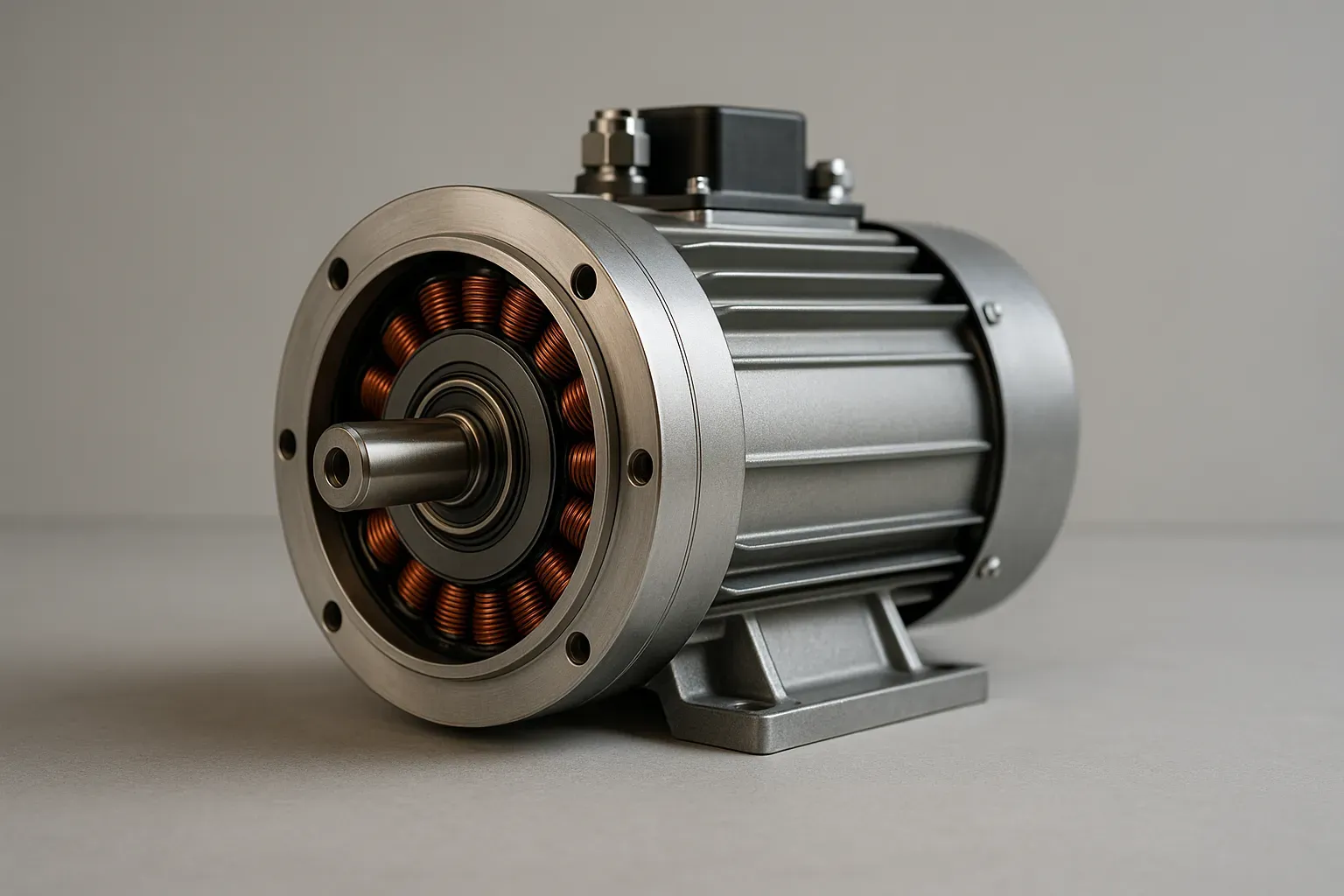 Motor eléctrico síncrono de imanes permanentes en aluminio, rotor visible y detalles de bobinados en entorno minimalista.