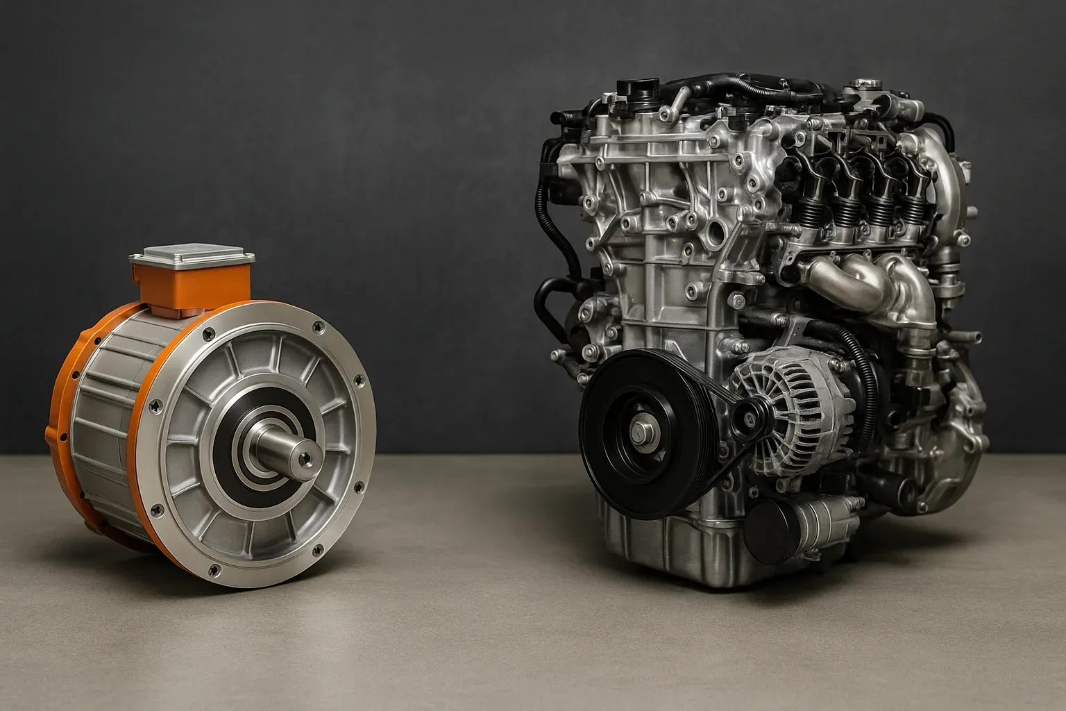 Motor eléctrico compacto en gris y naranja a la izquierda junto a motor de combustión interna grande y complejo a la derecha