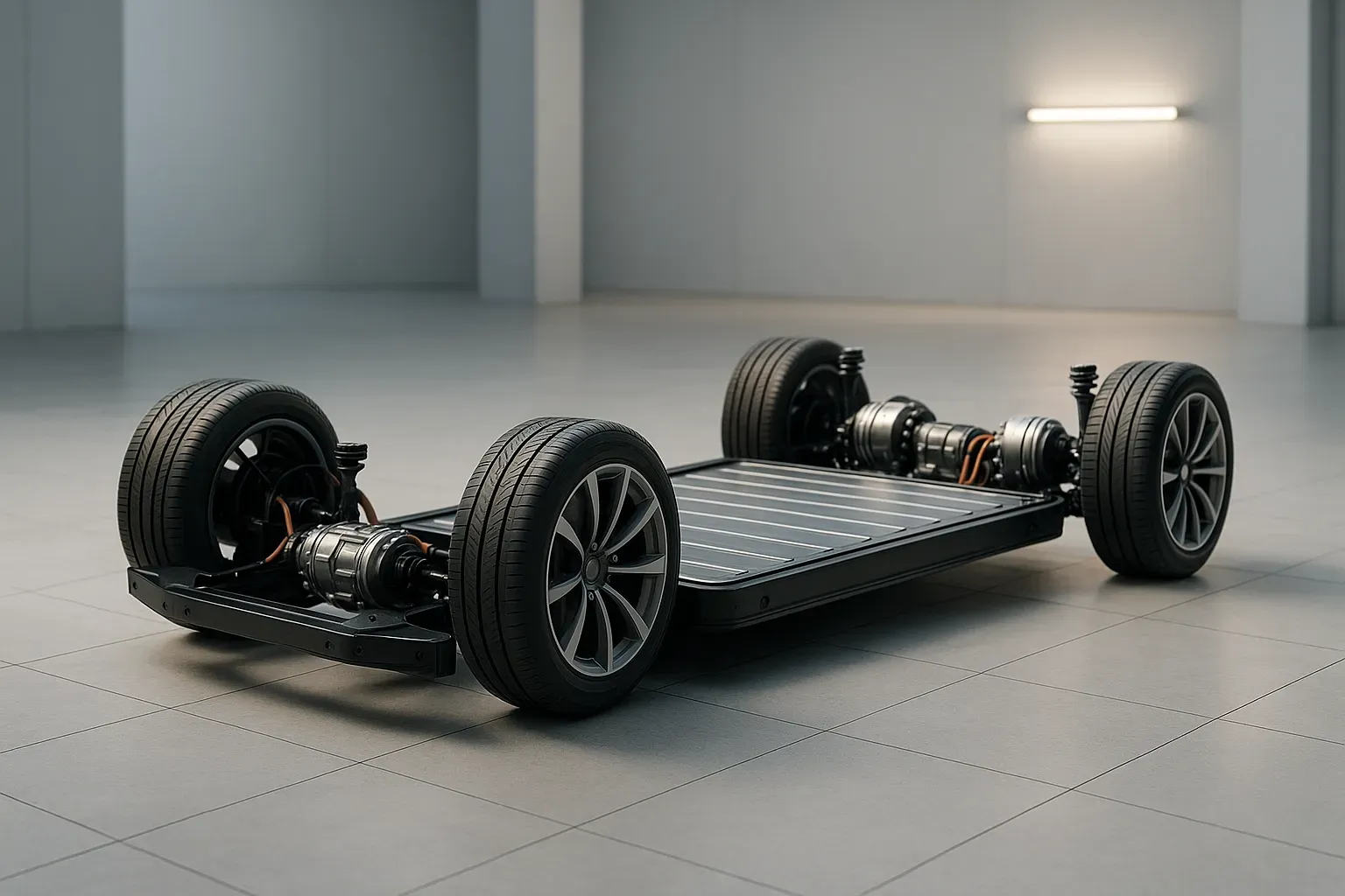 Plataforma “skateboard” de vehículo eléctrico con batería integrada bajo el suelo y motores en los ejes, en entorno minimalista.