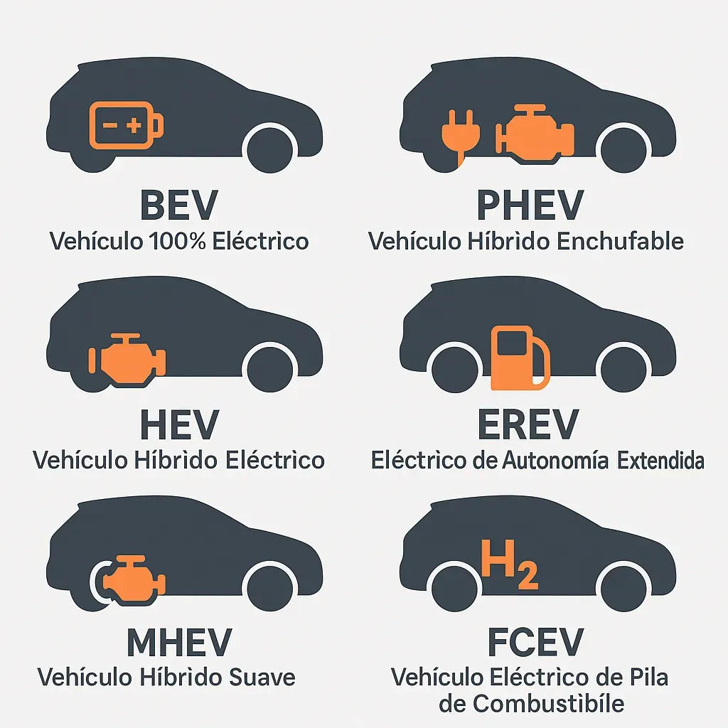 Infografía de seis tipos de autos eléctricos e híbridos: BEV, PHEV, HEV, EREV, MHEV y FCEV, con iconos ilustrativos.