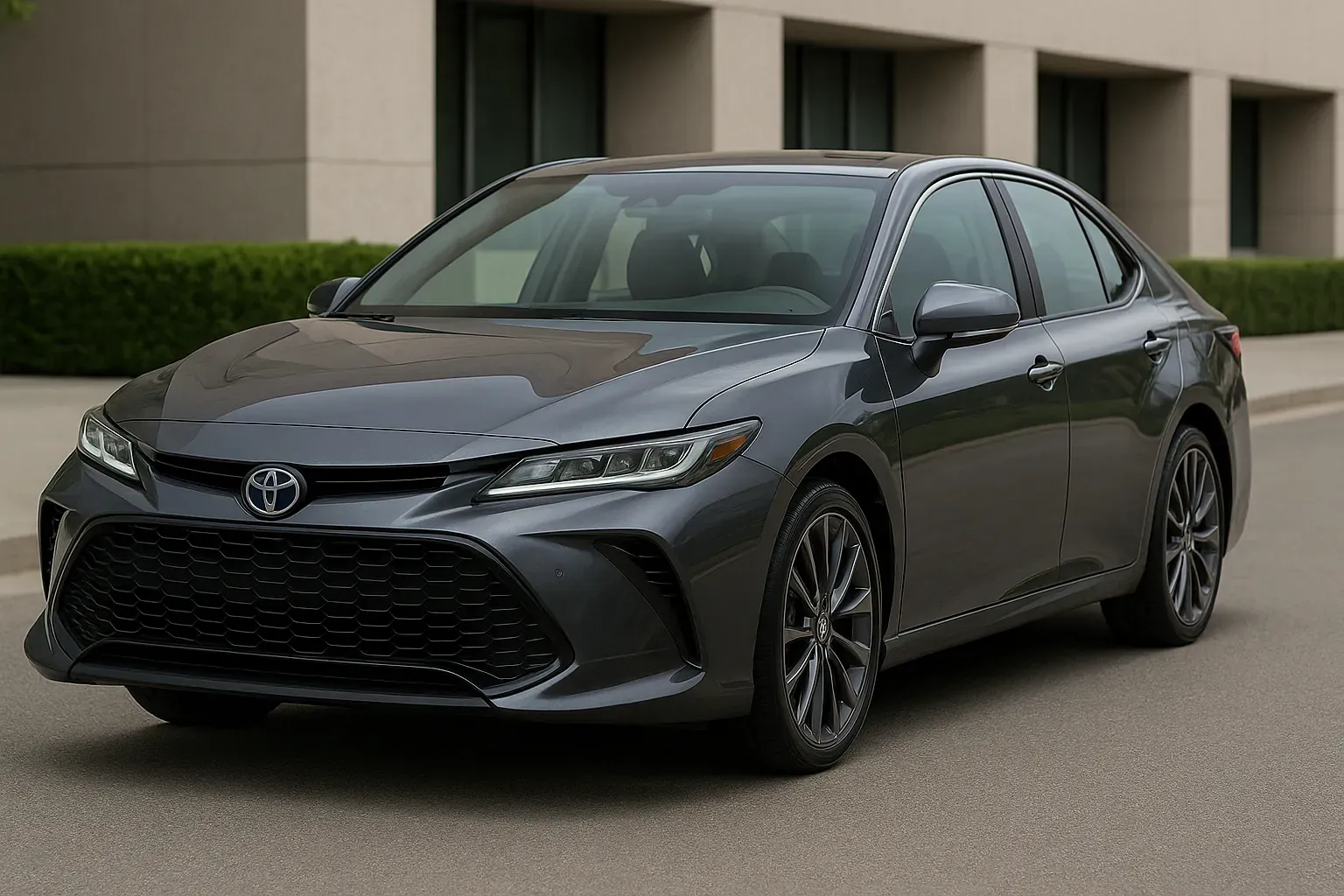 Toyota Camry 2025 gris en vista frontal tres cuartos