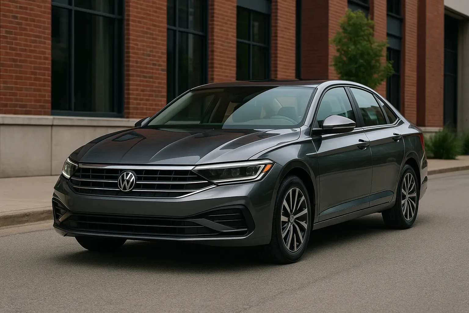 Volkswagen Jetta 2025 gris oscuro, vista frontal tres cuartos en calle urbana