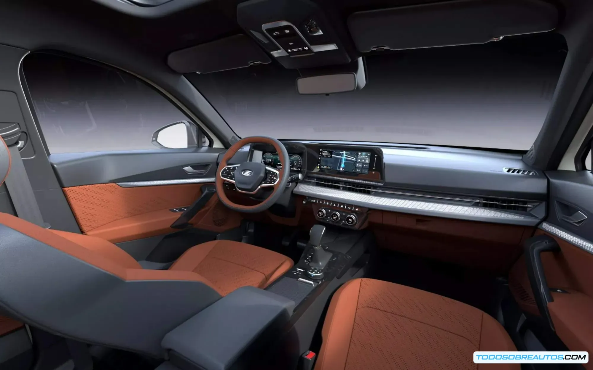 Interior del Lada Azimut mostrando el cuadro de instrumentos digital y la pantalla central.