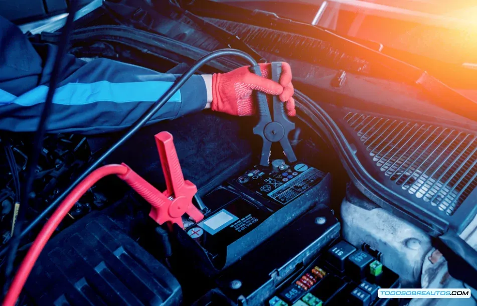 Imagen ilustrativa mostrando un auto moderno con cables de pasar corriente conectados correctamente.
