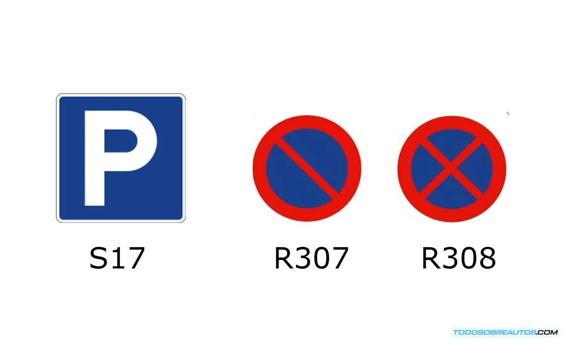 Imagen de señales de aparcamiento que indican plazas reservadas para vehículos eléctricos en proceso de carga, incluyendo las señales S17, R307 y R308 con ejemplos de placas explicativas.
