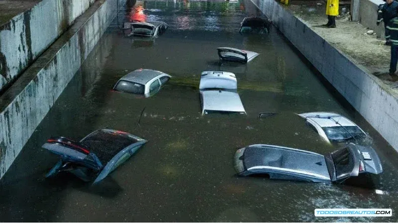 Imagen de un coche parcialmente sumergido en agua, ilustrando el riesgo de inundaciones.