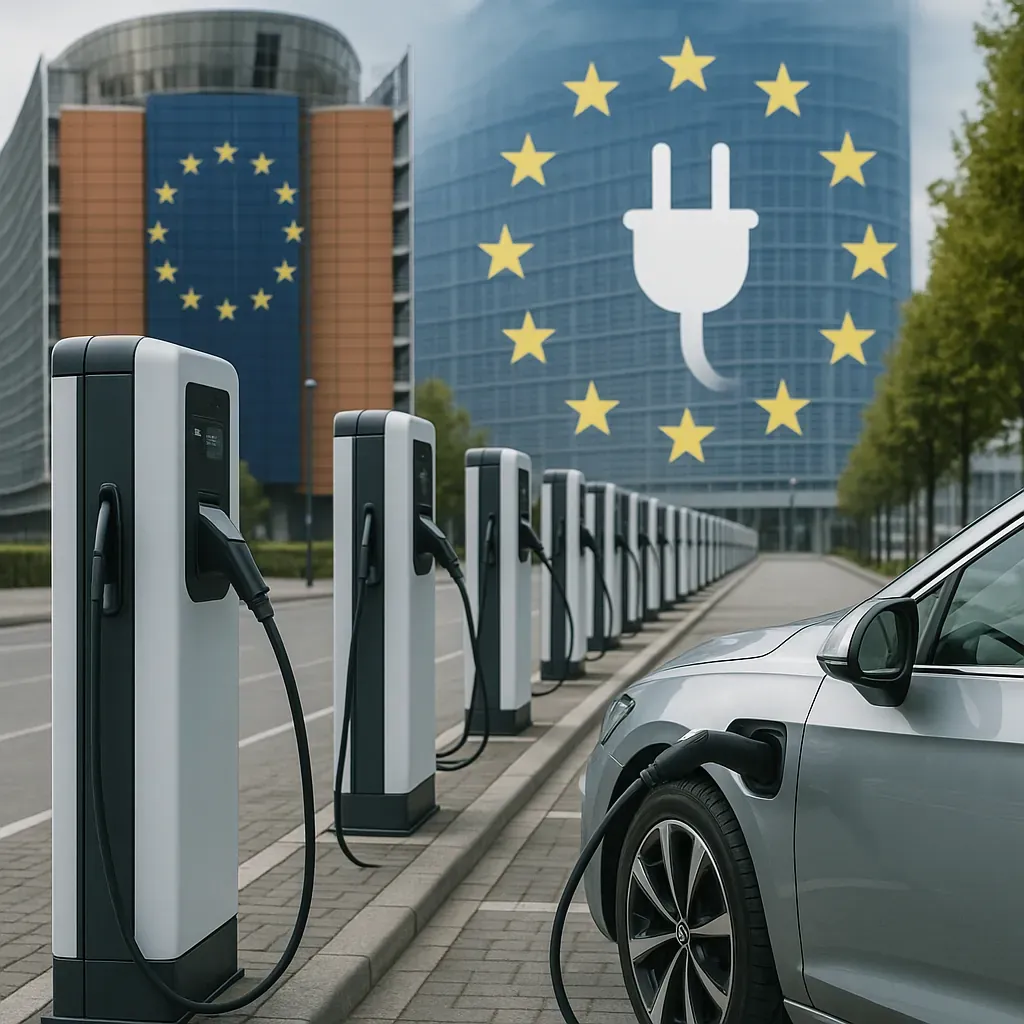Cargadores públicos de autos eléctricos ante la Comisión Europea en Bruselas, símbolo de políticas de apoyo EV.