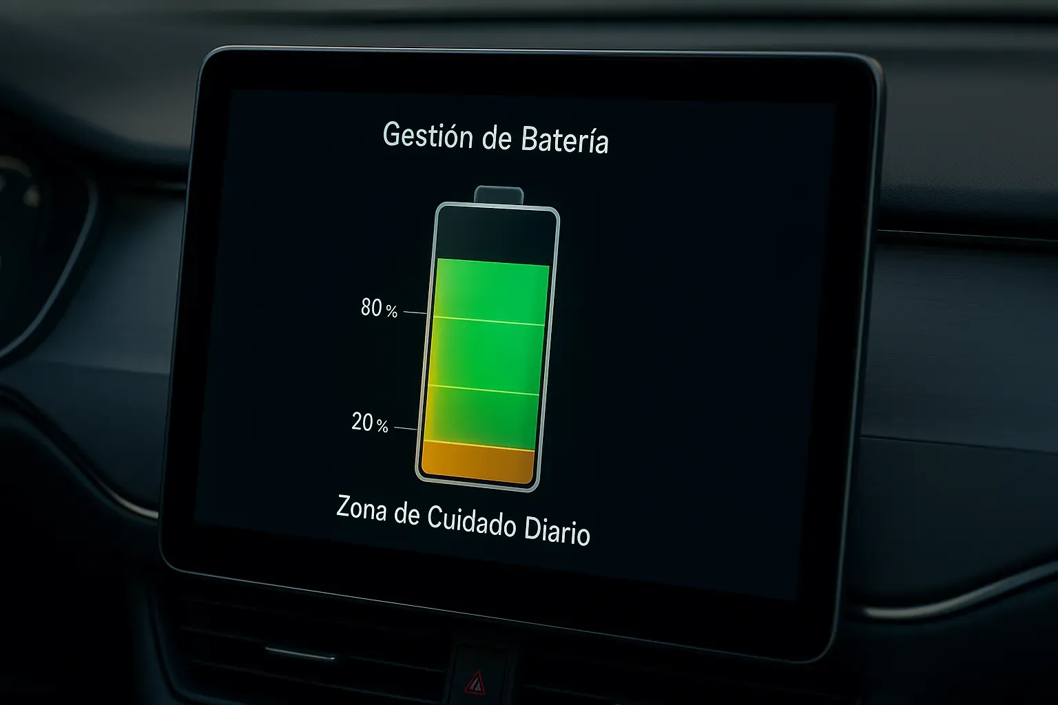 Pantalla infotainment muestra interfaz de gestión de batería con zona verde 20–80 % etiquetada “Zona de Cuidado Diario”