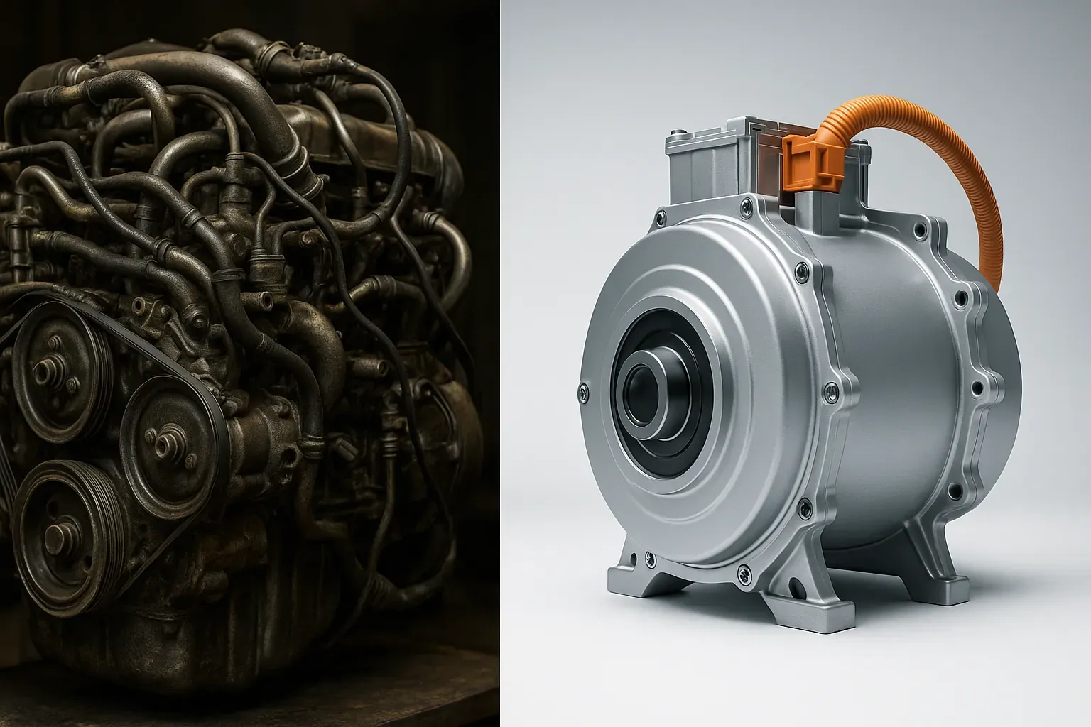 Motor de combustión interna con tuberías y correas junto a motor eléctrico compacto y limpio; muestra complejidad frente a simplicidad.