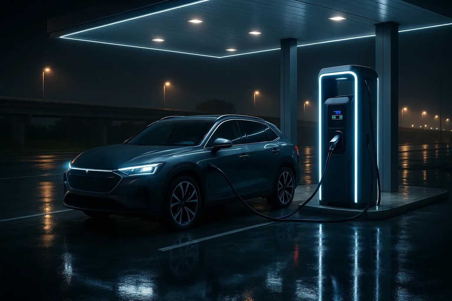 SUV eléctrico carga en estación DC ultrarrápida bajo marquesina iluminada, reflejos en pavimento mojado tras lluvia nocturna.
