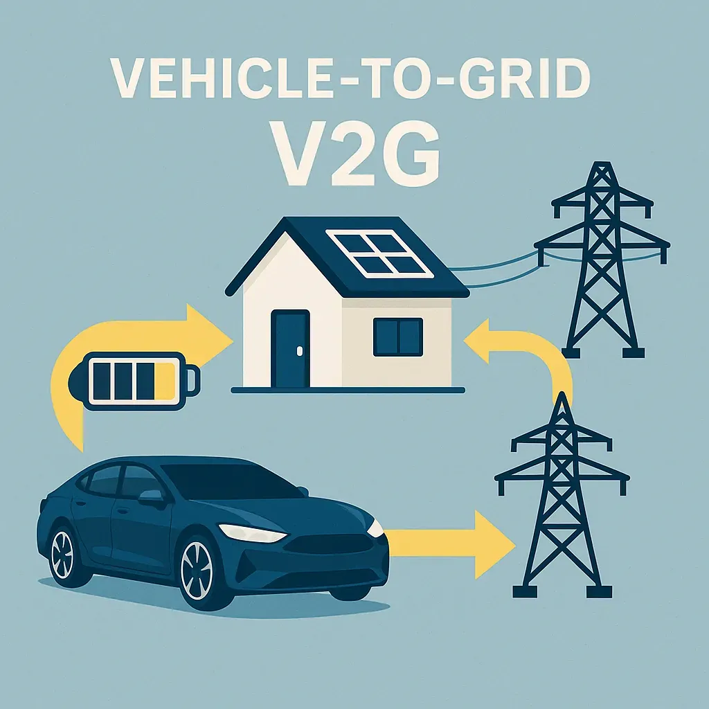 Infografía V2G: coche eléctrico suministra energía a casa y red, concepto Vehicle-to-Grid futuro.