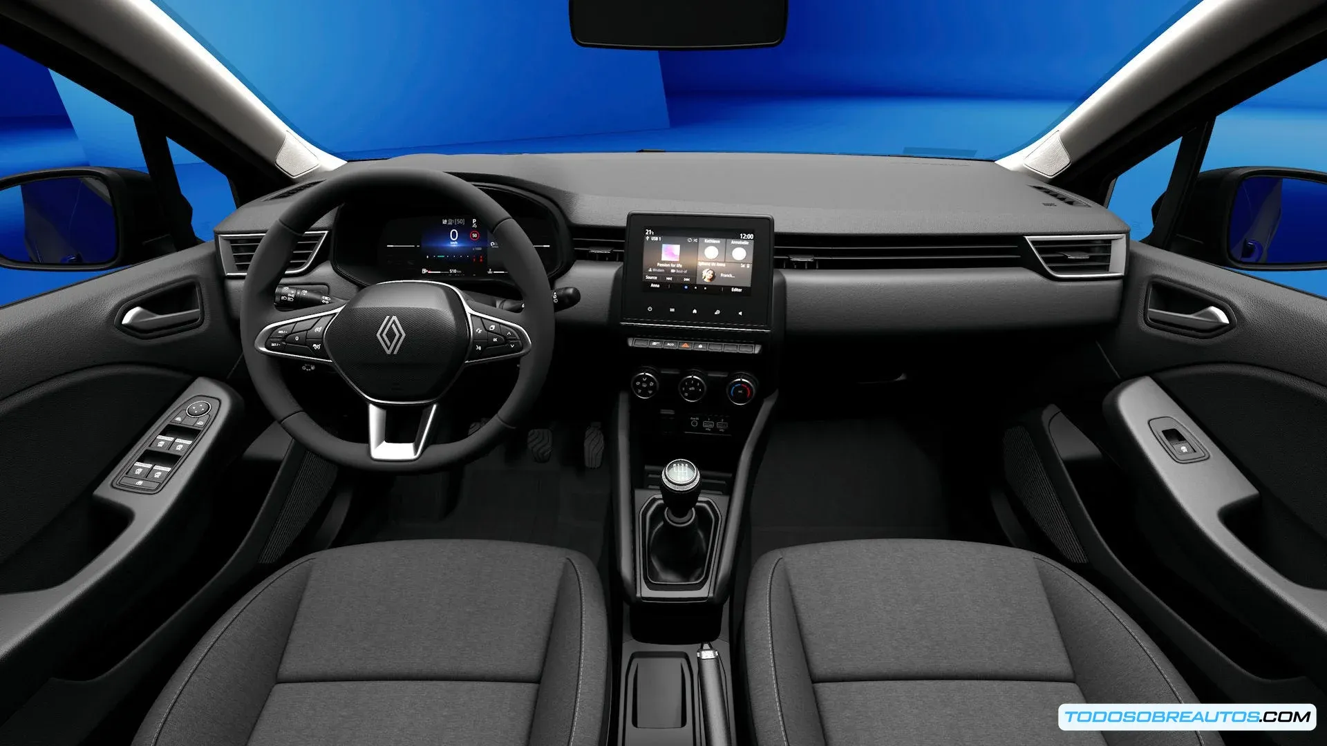 Imagen del interior del Renault Clio Generation 2024, destacando la cámara trasera y/o el sistema keyless.