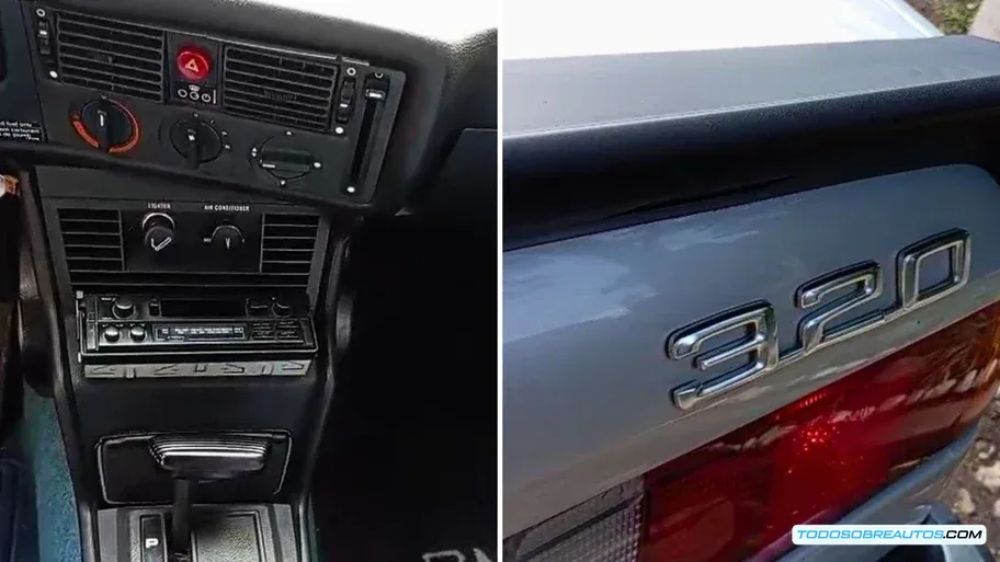 Primer plano de los detalles del diseño del BMW E21, mostrando la parrilla y los faros.