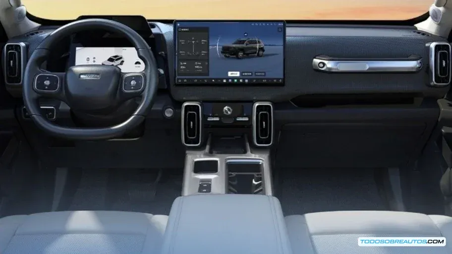 Interior de la Haval Big Dog 2026 mostrando la pantalla y el volante