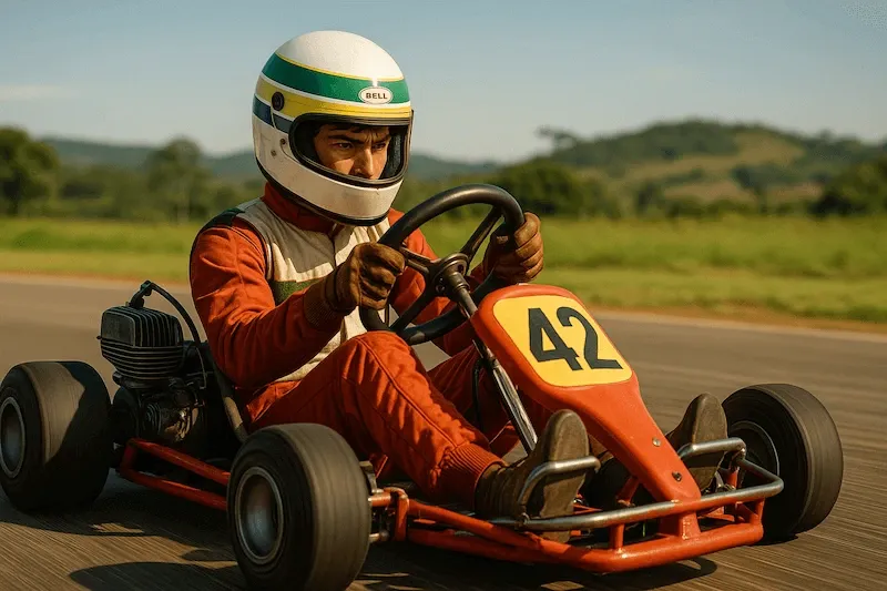 Joven Ayrton Senna compitiendo en karting en Brasil con casco amarillo y traje rojo