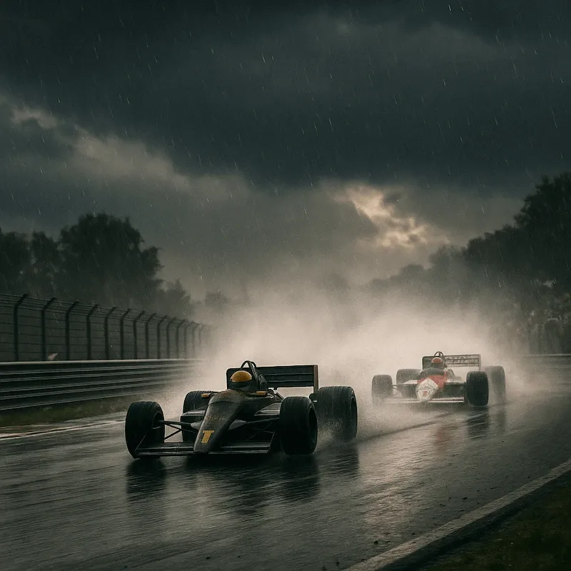 Ayrton Senna demostrando su maestría en la conducción bajo la lluvia con el Lotus en el GP de Portugal 1985