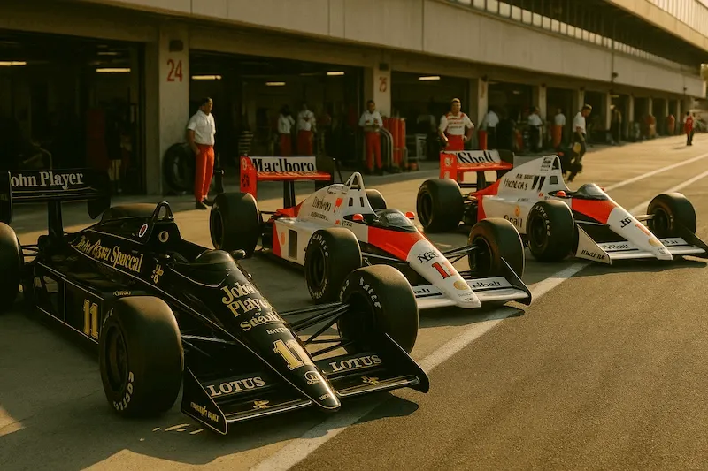 Tres legendarios autos de Fórmula 1, Lotus 97T y McLaren MP4/4 y MP4/6, alineados en boxes al atardecer
