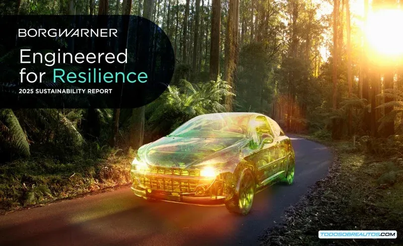 Imagen gráfica que representa el informe de sostenibilidad 2025 de BorgWarner o un componente de electrificación automotriz.