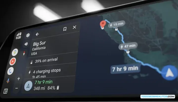 Integración de Google Maps en un vehículo Ford mostrando puntos de carga