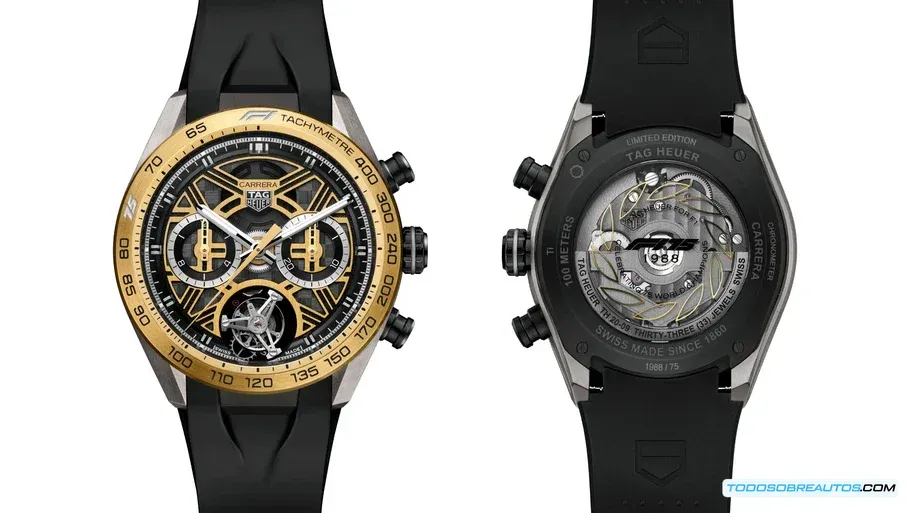 Primer plano del TAG Heuer Carrera F1 75 Aniversario Tourbillon sobre una superficie que evoca la pista de carreras.