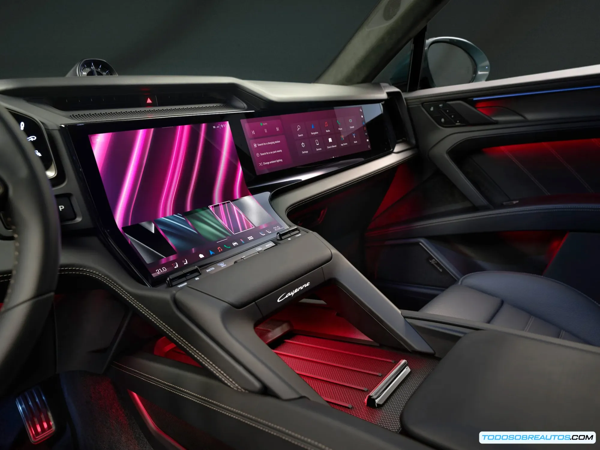 Detalles interiores Porsche Cayenne EV 2026, combinación de materiales y diseño