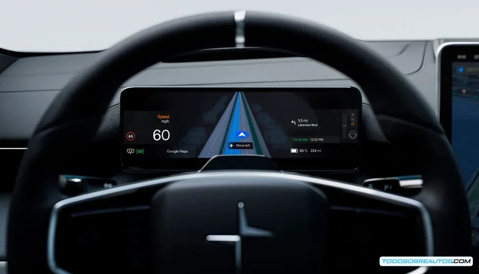 Pantalla del Polestar 4 mostrando el guiado de carril en Google Maps
