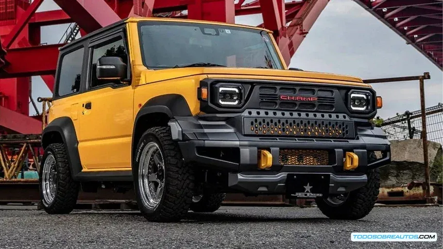 Detalles del kit CH:AMP de ill Garage para el Suzuki Jimny, resaltando los faros rectangulares y la parrilla tipo rejilla.