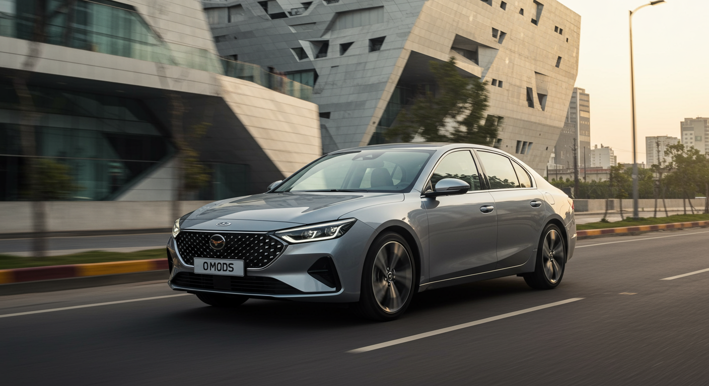 Omoda O5 color plata en un entorno urbano moderno, mostrando su diseño frontal y lateral durante la hora dorada.