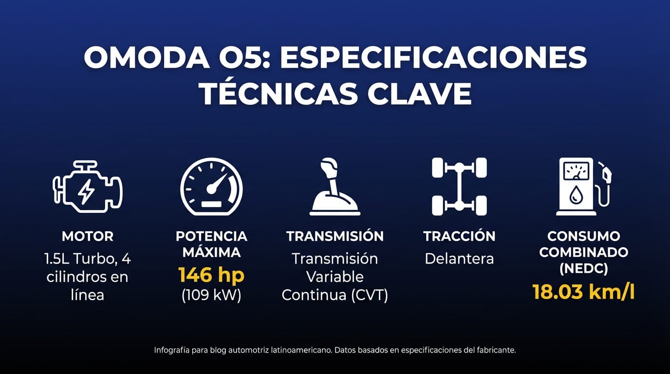 Infografía con las especificaciones técnicas clave del Omoda O5: motor, potencia, transmisión, tracción y consumo.