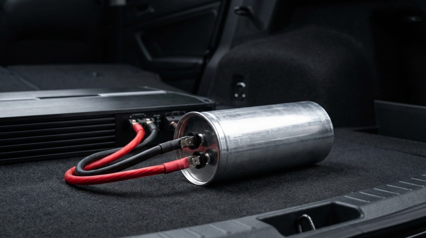 Capacitor de aluminio redondo instalado en sistema de audio para auto