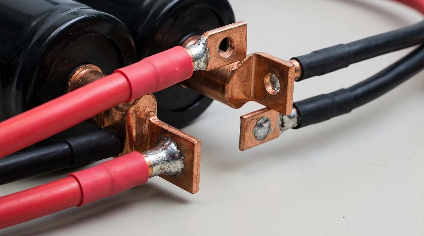 Detalle técnico de terminales y conexiones de un capacitor para auto