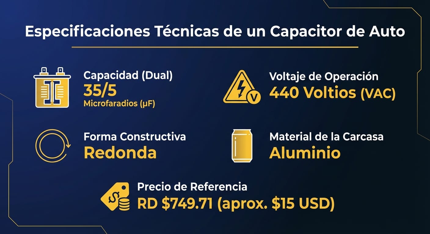 Infografía de especificaciones técnicas de un capacitor para automóvil
