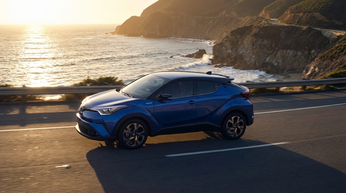 Toyota C-HR Híbrido Enchufable - Vista lateral en carretera costera