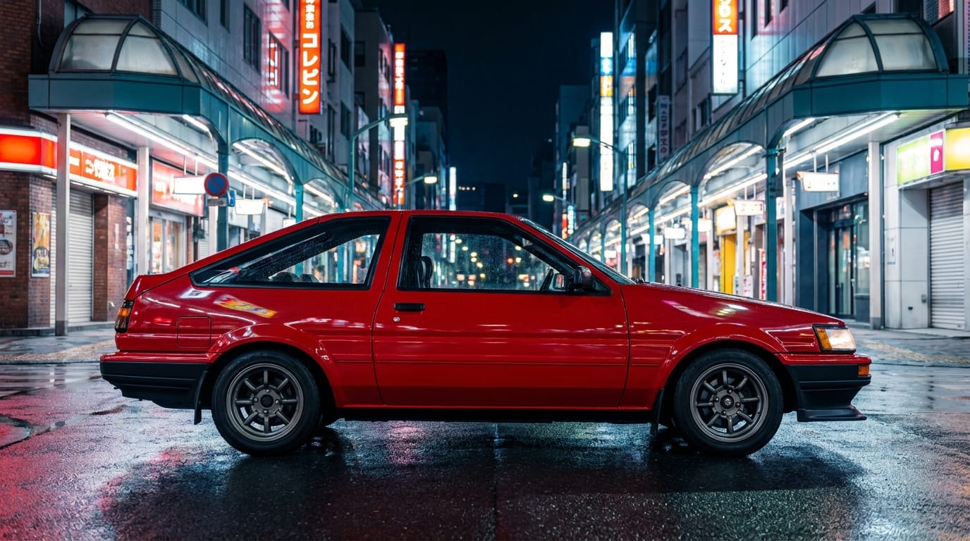Toyota Corolla AE86 Levin rojo - Perfil lateral en calle urbana japonesa nocturna