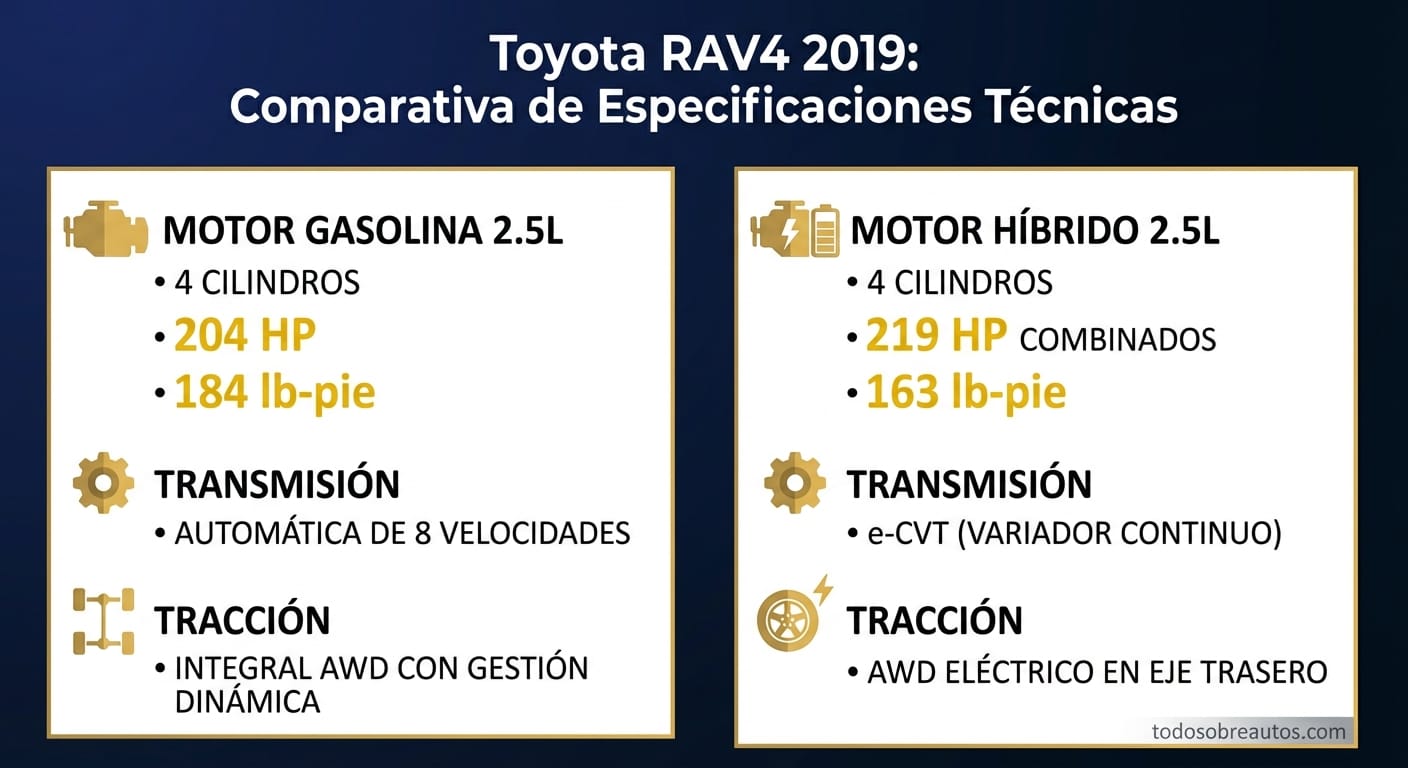 Infografía comparativa de especificaciones técnicas del Toyota RAV4 2019
