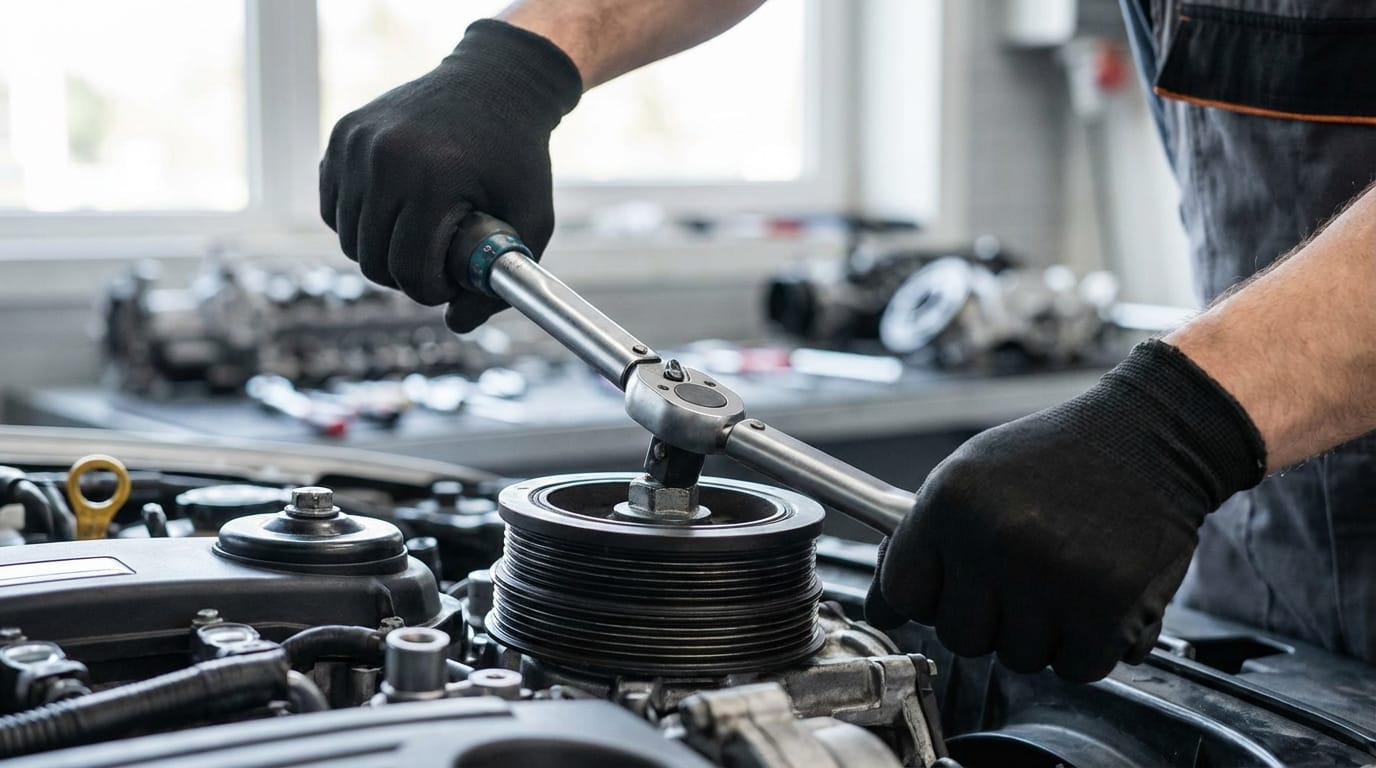 Aplicación de torque en una polea de cigüeñal con llave dinamométrica