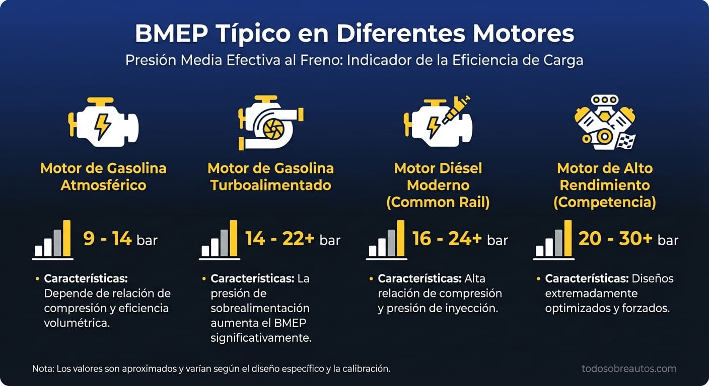 Infografía comparativa: Rangos de BMEP en motores de gasolina, diésel y alto rendimiento
