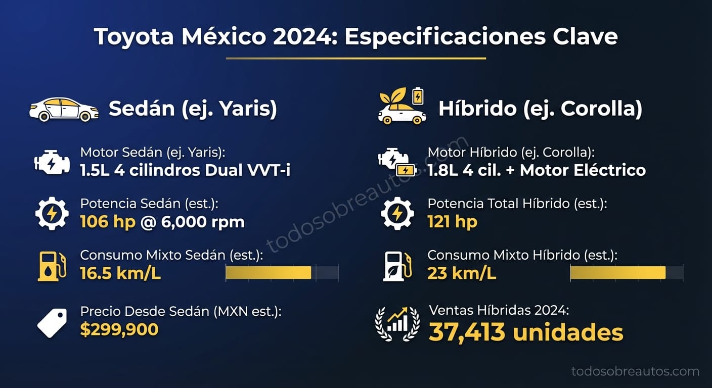 Infografía comparativa de especificaciones: Toyota Sedán vs Híbrido 2024