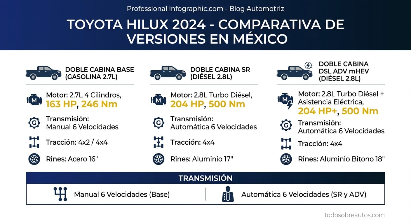 Infografía comparativa de las versiones de la Toyota Hilux 2024 en México